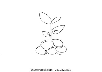 Continuous one line drawing of Plant growing from coin. Single line drawing illustration of Money sustainable growth. Financial growing concept vector art. Doodle line illustration.