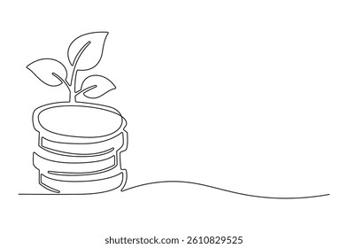 Continuous one line drawing of Plant growing from coin. Single line drawing illustration of Money sustainable growth. Financial growing concept vector art. Doodle line illustration.