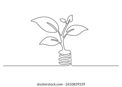 Continuous one line drawing of Plant growing from coin. Single line drawing illustration of Money sustainable growth. Financial growing concept vector art. Doodle line illustration.