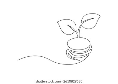 Continuous one line drawing of Plant growing from coin. Single line drawing illustration of Money sustainable growth. Financial growing concept vector art. Doodle line illustration.