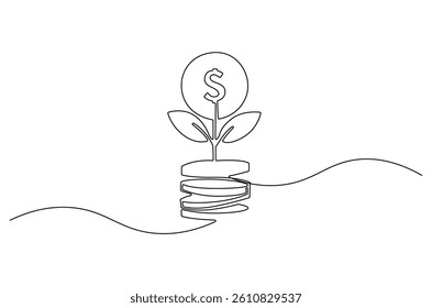 Continuous one line drawing of Plant growing from coin. Single line drawing illustration of Money sustainable growth. Financial growing concept vector art. Doodle line illustration.