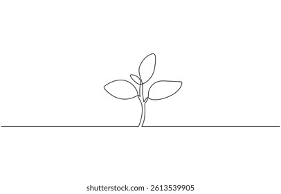Continuous one line drawing of plant. One line drawing illustration of growing sprout, Single continuous line art growing sprout. Plant leaves seed grow soil seedling eco natural farm concept design.