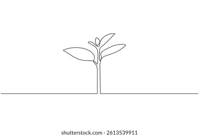 Continuous one line drawing of plant. One line drawing illustration of growing sprout, Single continuous line art growing sprout. Plant leaves seed grow soil seedling eco natural farm concept design.