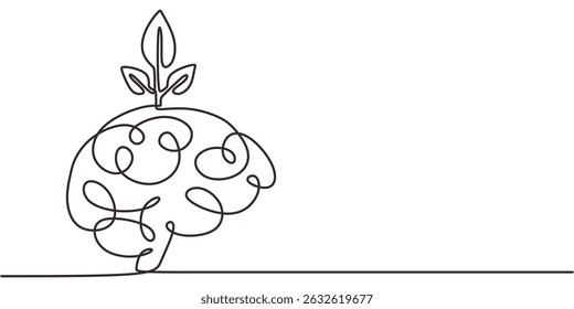 Planta continua de dibujo de una línea en el cerebro. Crecimiento Mental Pensamiento Verde. Mente ecológica.