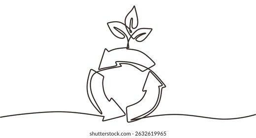 Icono continuo de reciclaje de planta de dibujo de una línea. Medio ambiente sostenible Cero residuos. Futuro verde.