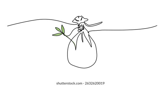 Continuous One Line Drawing Plant From Bag Hand. Nature Gift Eco Product. Environmental Growth.