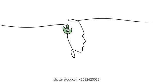 Corte continuo de una línea de la cabeza de la planta de dibujo. Conexión de Naturaleza de Salud Mental. Mente ecológica.