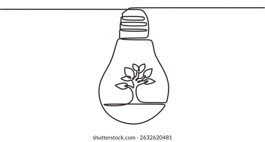 Continuous One Line Drawing Plant in Lightbulb. Idea Environment Concept Energy. Eco Friendly Vector Art.