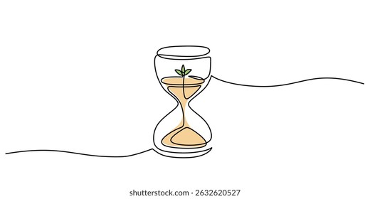 Continuous One Line Drawing Plant Inside Hourglass. Time Runs Out for Nature. Environmental Crisis.