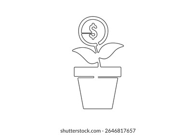 Continuous one line drawing of Plant growing from coin. Single line drawing illustration of Money sustainable growth, Financial growing concept vector art. Doodle line illustration.