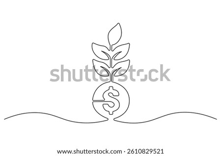 Continuous one line drawing of Plant growing from coin. Single line drawing illustration of Money sustainable growth. Financial growing concept vector art. Doodle line illustration.