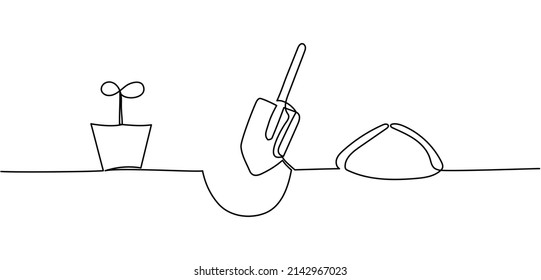 Continuous one line drawing of planting small sprout. Concept of farming and gardening. Vector illustration	
