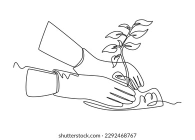 Plantación continua de una línea con guantes. Concepto del Día Mundial del Medio Ambiente. Ilustración gráfica vectorial de diseño de líneas simples.