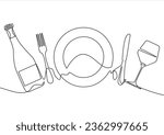 Continuous one line drawing of plate, fork, knife, bottle of wine and glass. Menu food design. Vector illustration.