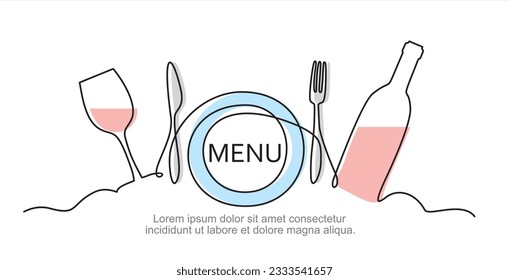 Dibujo continuo de una línea de placa, tenedor, cuchillo, botella de vino y vidrio. Diseño de la comida a la carta. Ilustración vectorial.