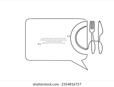 Continuous one line drawing of plate, knife and fork and speech bubble. Trendy line art vector on a white background. Vector illustration.