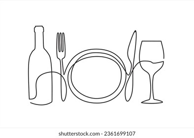 Continuous one line drawing of plate, fork, knife, bottle of wine and glass. Menu food design. Vector illustration.