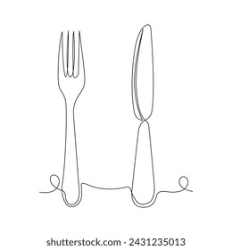

Continuous one line drawing of plate knife and fork hand drawn doodle vector art illustration.