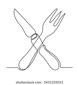 

Continuous one line drawing of plate knife and fork hand drawn doodle vector art illustration.