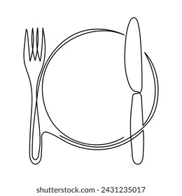 

Continuous one line drawing of plate knife and fork hand drawn doodle vector art illustration.