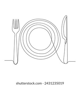 

Dibujo continuo de una línea de cuchillo de placa y tenedor dibujado a mano doodle ilustración de arte vectorial.