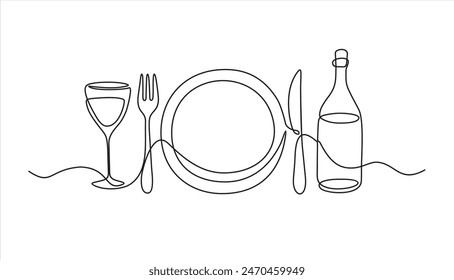 Continuous one line drawing of plate, fork, knife, bottle of wine and glass. Menu food design. Vector illustration.