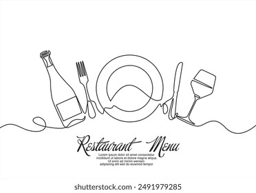 Continuous one line drawing of plate, fork, knife, bottle of wine and glass. Menu food design. Vector illustration.