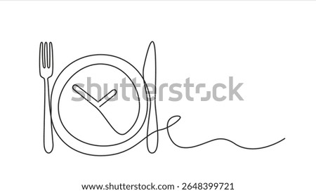 Continuous one line drawing of plate, fork, knife. Food symbol for bar, cafe, hotel. Ready to eat healthy food. for dinner, breakfast, lunch meal menu. Dinner time.  Hand drawn. Editable stroke	