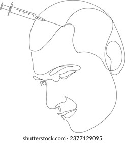 Dibujo continuo de una línea del procedimiento de inyección plasmática rica en plaquetas para hombres. Diseño mínimo para el tratamiento de alopecia masculina. Estimulación del crecimiento del pelo dibujada por una sola línea. Ilustración vectorial.