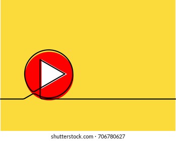 Continuous one line drawing of play icon on yellow background. Abstract thin line of triangle inside red circle. EPS10 vector illustration for banner, template, poster, wallpaper, web, app. 