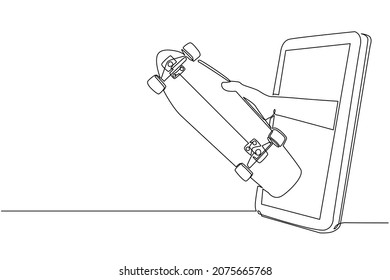 Continuous one line drawing player hand holds skateboard through mobile phone. Smartphone with skateboard games app. Mobile sports stream championship. Single line draw design vector illustration