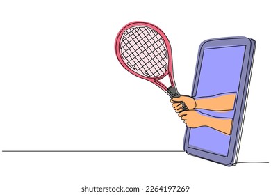 Continuous one line drawing player hand holds tennis racket through mobile phone  Smartphone and tennis games app  Mobile sports stream championship  Single line draw design vector illustration