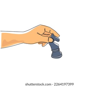 Continuous one line drawing player hand holds chess knight. Human hand holding chess knight piece for unpredictable, business strategy, strategic move concept. Single line design vector illustration