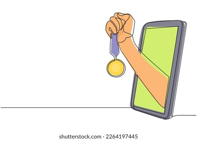 Continuous one line drawing player hand holds gold medal through mobile phone. Smartphone with app sport games. Mobile sports stream championship. Single line draw design vector graphic illustration