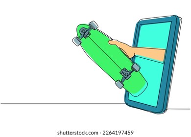 Continuous one line drawing player hand holds skateboard through mobile phone. Smartphone with skateboard games app. Mobile sports stream championship. Single line draw design vector illustration