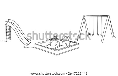 Continuous one line drawing of playground with sandbox, swing and slide. Vector illustration 