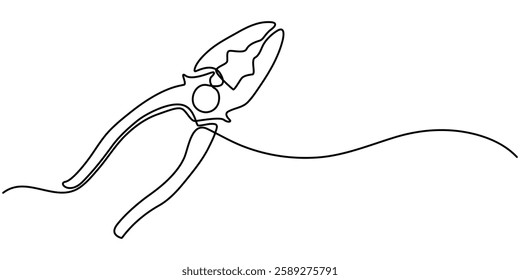 Continuous one line drawing of pliers- engineer equipment. pliers in single line draw illustration. Editable stroke, pliers continuous line art drawing, Pliers in one continuous line drawing.