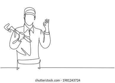 Continuous one line drawing plumber with gesture okay ready to work on repairing the leaking drain in sink and house's drains. Success business. Single line draw design vector graphic illustration
