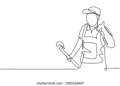 Continuous one line drawing plumber with call me gesture ready to work on repairing the leaking drain in sink and house's drains. Success business. Single line draw design vector graphic illustration