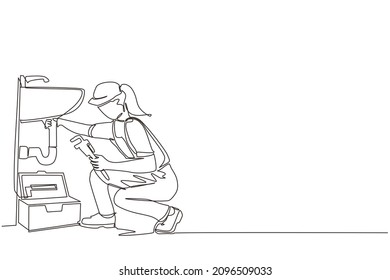 Continuous one line drawing plumber worker repairs sink in bathroom and plumbing pipes. Handywoman makes house repair works. Home repair, maintenance services concept. Single line draw design vector