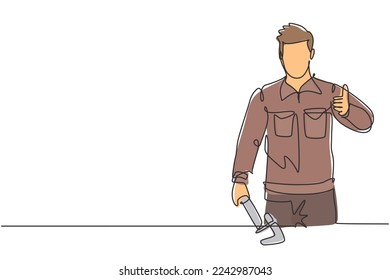 Continuous one line drawing plumber with a thumbs-up gesture was ready to work on repairing the leaking drain in the sink and the house's drains. Single line draw design vector graphic illustration.