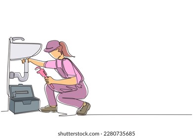 Continuous one line drawing plumber worker repairs sink in bathroom and plumbing pipes. Handywoman makes house repair works. Home repair, maintenance services concept. Single line draw design vector