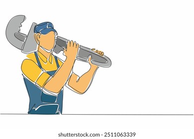 Continuous one line drawing plumber carrying a big wrench on shoulder. Symbol of great responsibility to make waterways more efficient. World Plumbing Day. Single line draw design vector illustration