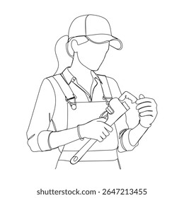 Continuous one line drawing of plumber with a pipe wrench. Vector illustration 