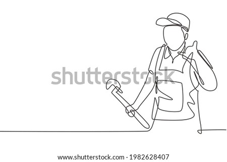 Continuous one line drawing plumber with call me gesture ready to work on repairing the leaking drain in sink and house's drains. Success business. Single line draw design vector graphic illustration