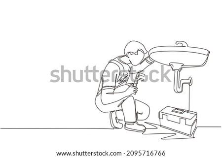 Continuous one line drawing plumber worker repairs sink in bathroom and plumbing pipes. Handyman makes house repair works. Home repair and maintenance services concept. Single line draw design vector