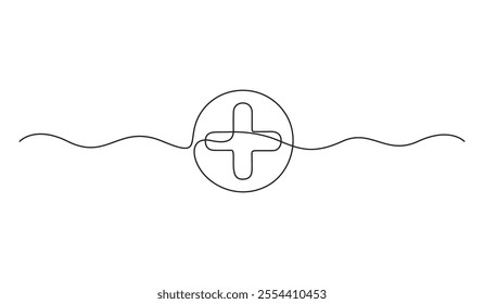 Continuous one line drawing of plus sign. Plus sign abstract background. Vector illustration