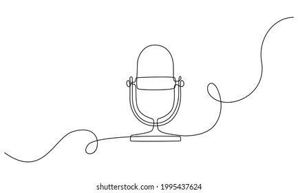 Continuous one line drawing of podcast microphone. Vintage mike in simple linear style for banner of music, webinar, online training speech. Editable stroke. Vector illustration