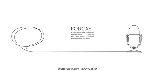 Continuous one line drawing of podcast microphone and chat bubble. Vintage old mike in simple linear style for banner music, news, webinar, online training. Editable stroke. Doodle Vector illustration