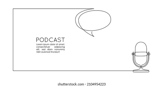 Continuous one line drawing of podcast microphone and chat bubble. Vintage old mike in simple thin linear style for banner music, webinar, online training. Editable stroke. Doodle Vector illustration